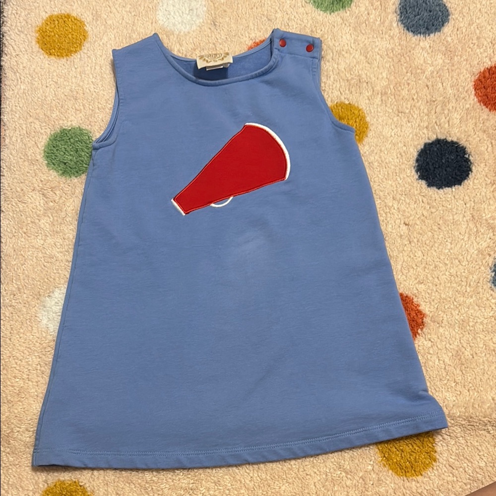 The Beaufort Bonnet Company sleeveless snap shoulder appliqué cheer dress.